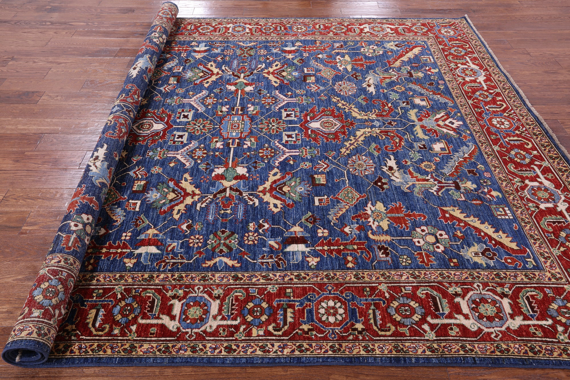 Blue Persian Fine Serapi Hand Knotted Wool Rug - 8' 3" X 9' 10" - Golden Nile