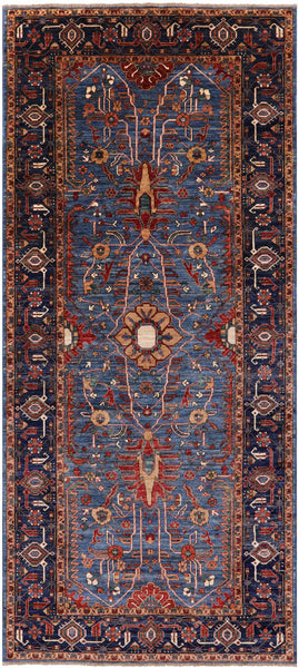 Blue Persian Fine Serapi Hand Knotted Wool Rug - 5' 2" X 11' 10" - Golden Nile