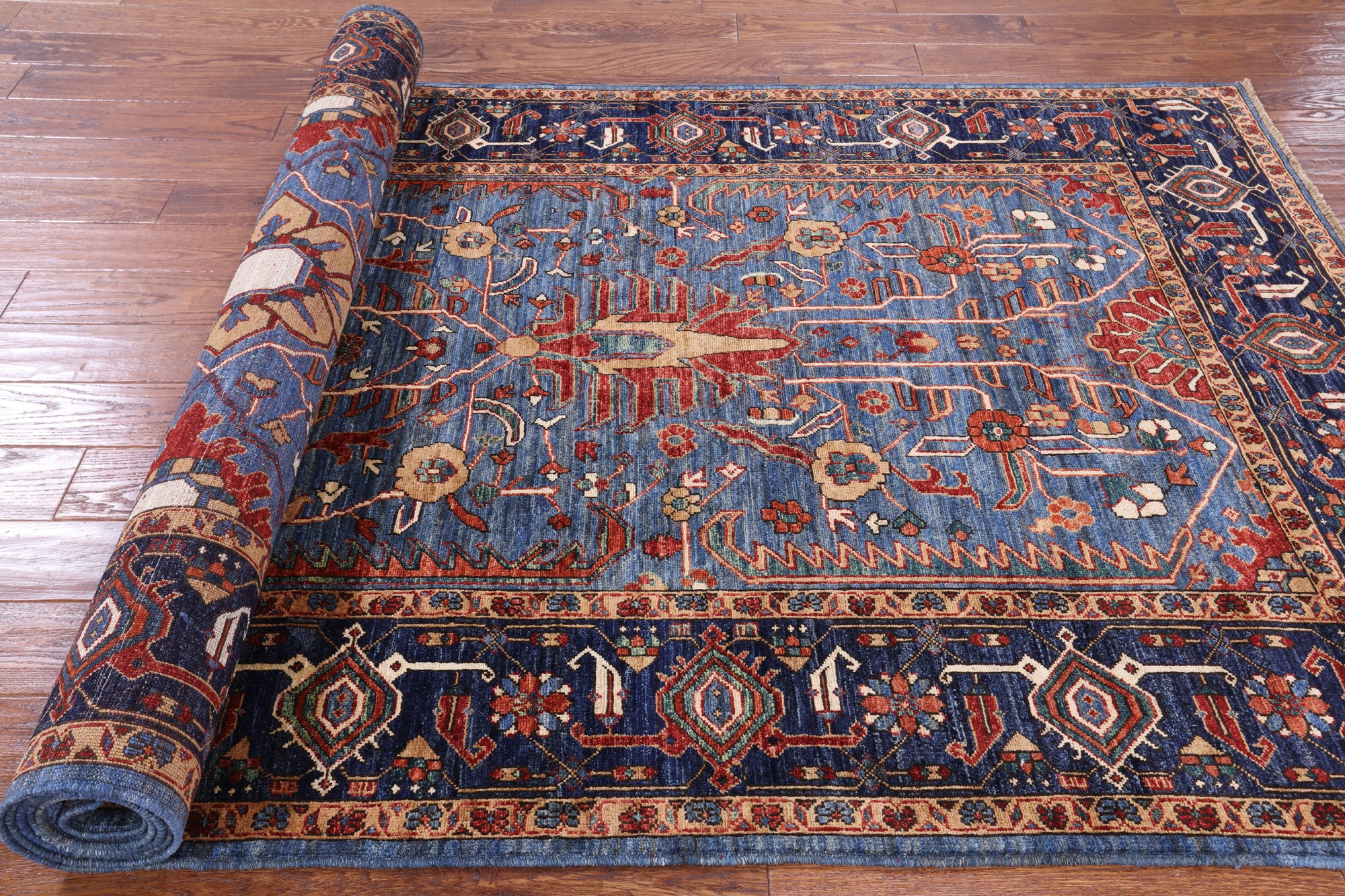 Blue Persian Fine Serapi Hand Knotted Wool Rug - 5' 2" X 11' 10" - Golden Nile