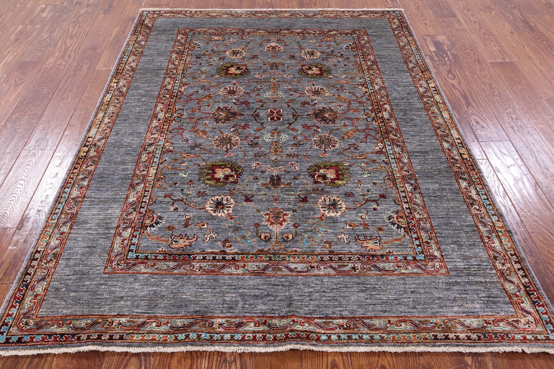 Grey Peshawar Hand Knotted Wool Rug - 5' 0" X 6' 7" - Golden Nile