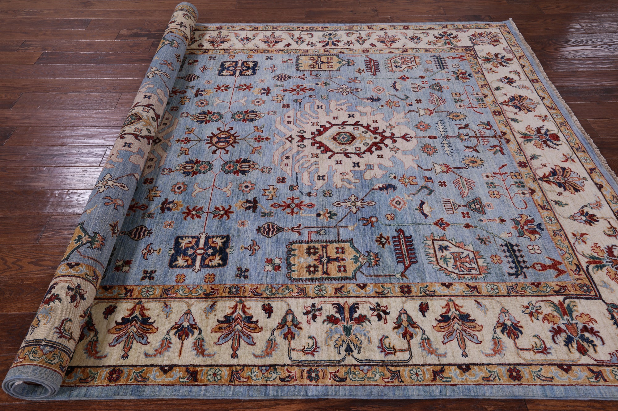 Blue Persian Fine Serapi Hand Knotted Wool Rug - 6' 10" X 9' 8" - Golden Nile