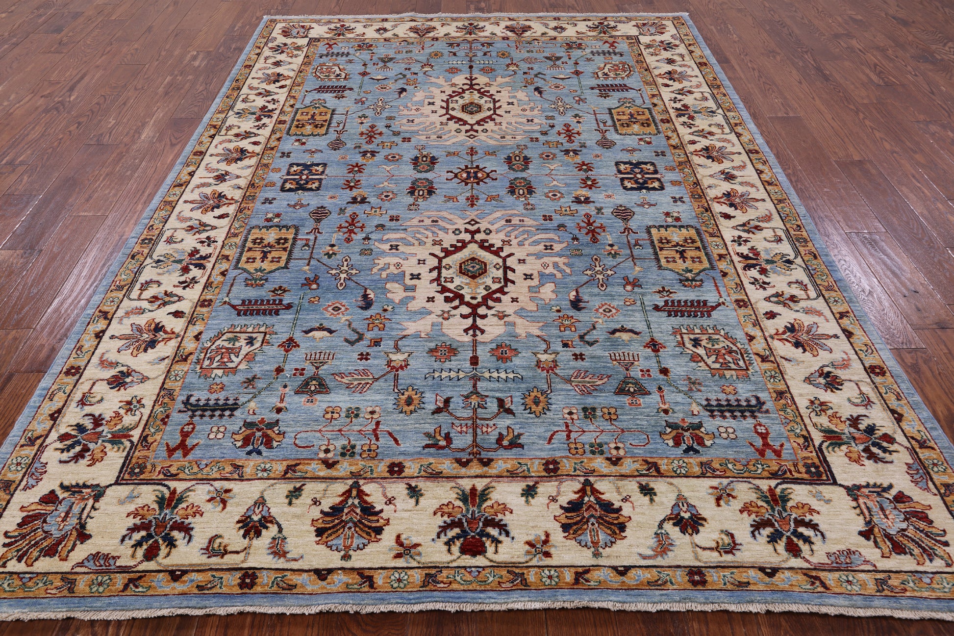 Blue Persian Fine Serapi Hand Knotted Wool Rug - 6' 10" X 9' 8" - Golden Nile