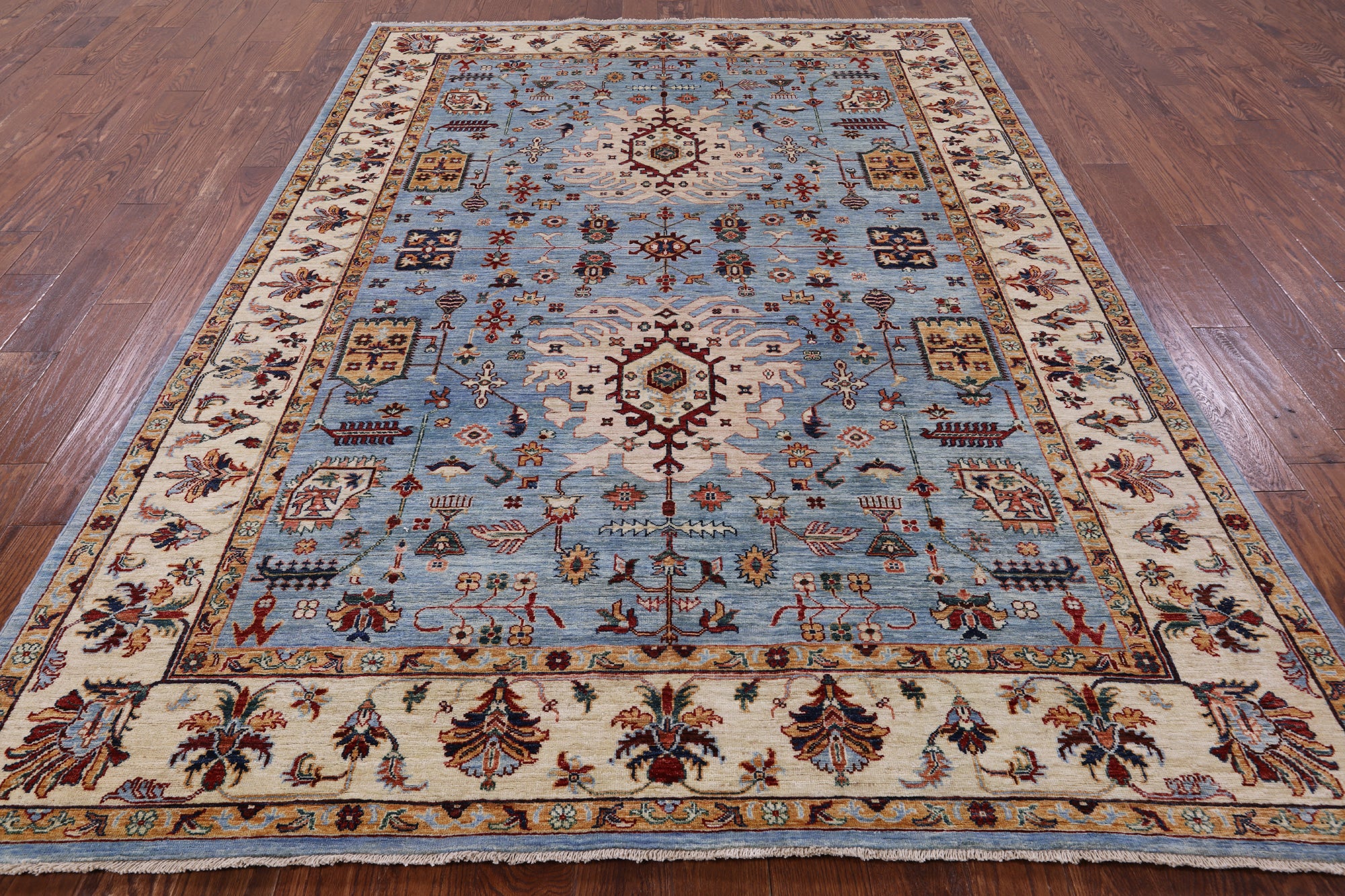 Blue Persian Fine Serapi Hand Knotted Wool Rug - 6' 10" X 9' 8" - Golden Nile