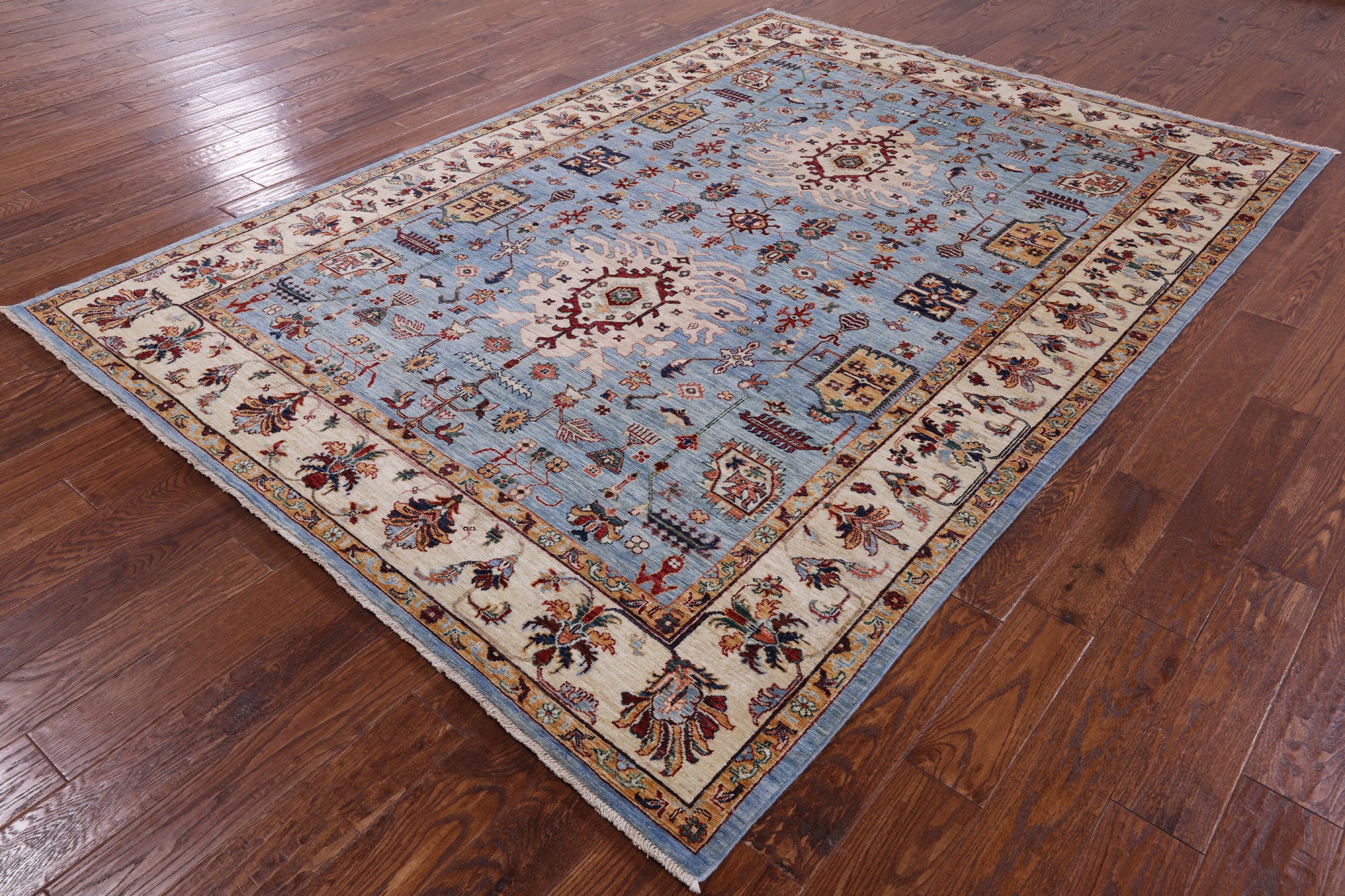 Blue Persian Fine Serapi Hand Knotted Wool Rug - 6' 10" X 9' 8" - Golden Nile