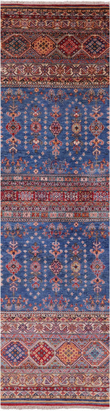 Blue Khorjin Persian Gabbeh Hand Knotted Wool Runner Rug - 2' 7" X 9' 8" - Golden Nile