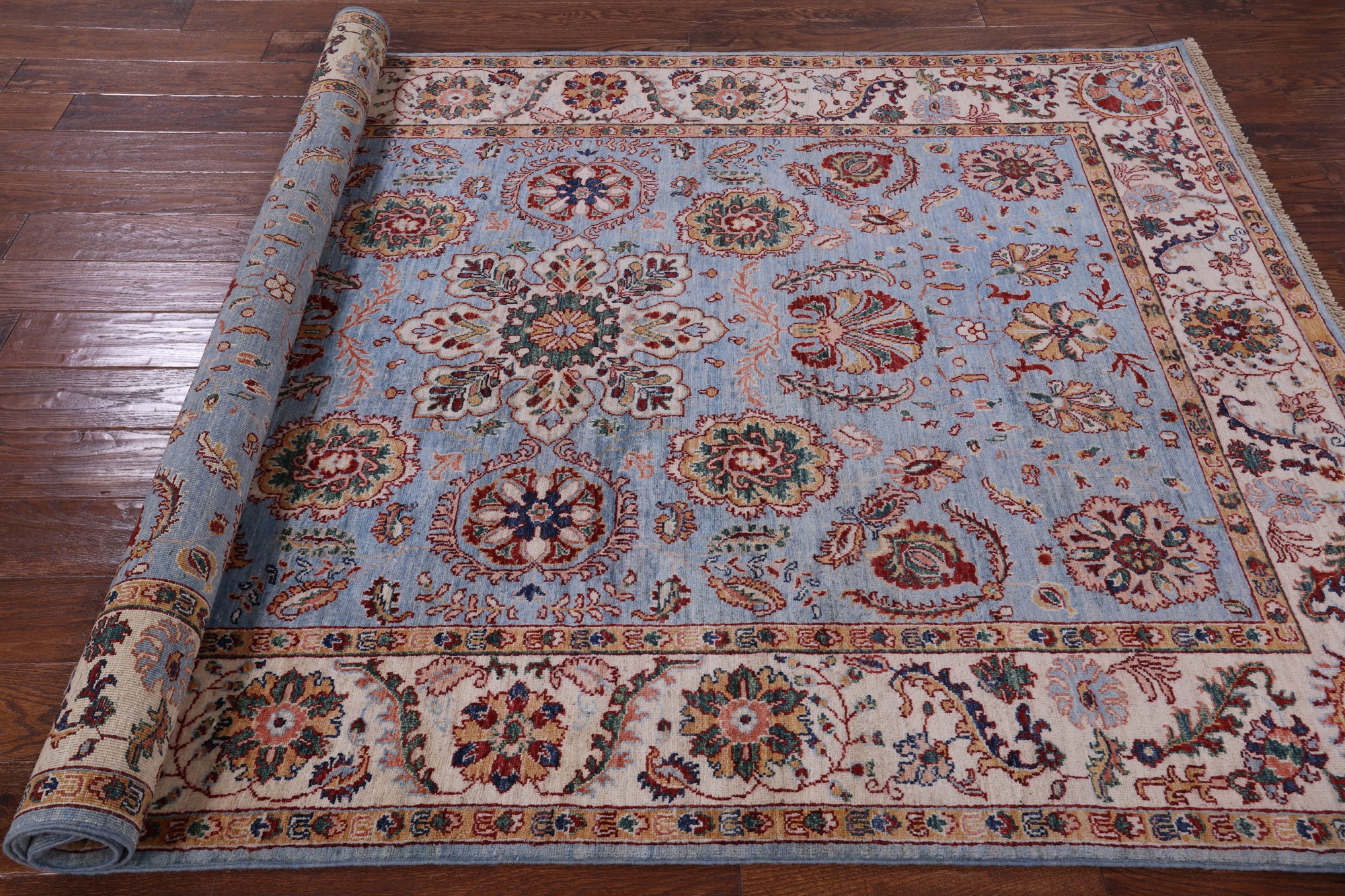 Blue Peshawar Hand Knotted Wool Rug - 5' 6" X 8' 0" - Golden Nile