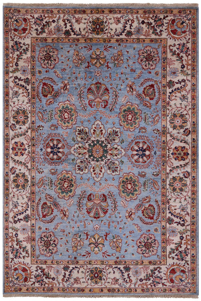 Blue Peshawar Hand Knotted Wool Rug - 5' 6" X 8' 0" - Golden Nile