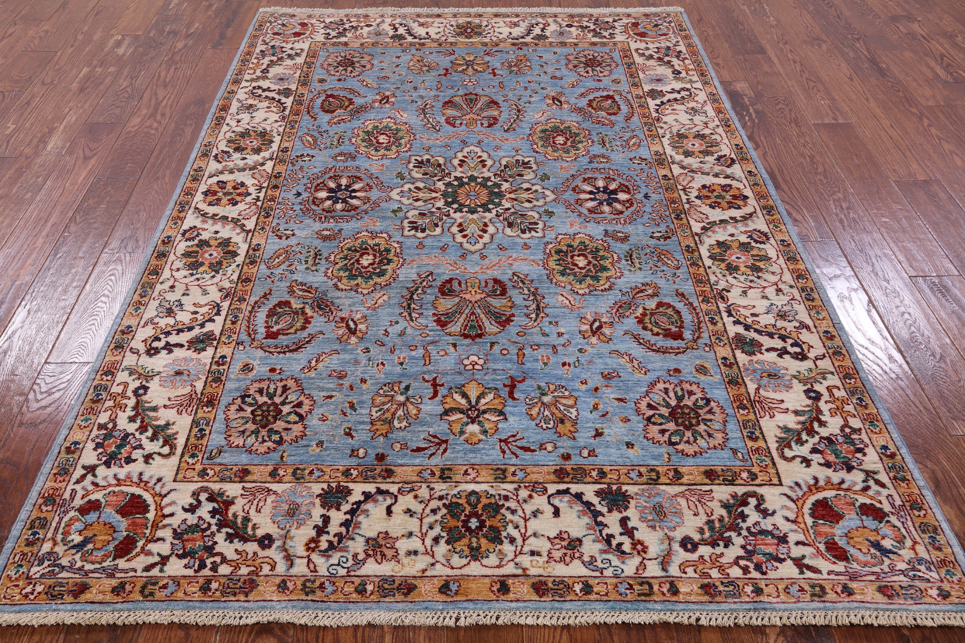 Blue Peshawar Hand Knotted Wool Rug - 5' 6" X 8' 0" - Golden Nile