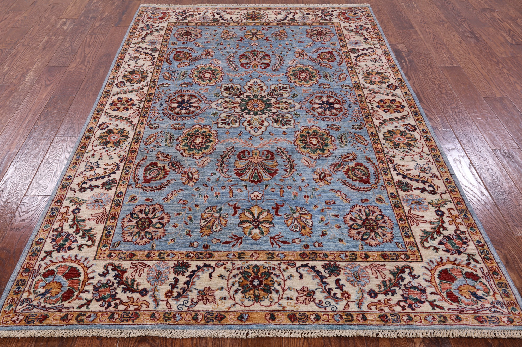Blue Peshawar Hand Knotted Wool Rug - 5' 6" X 8' 0" - Golden Nile