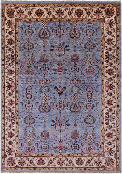 Blue Peshawar Hand Knotted Wool Rug - 6' 10" X 9' 10" - Golden Nile