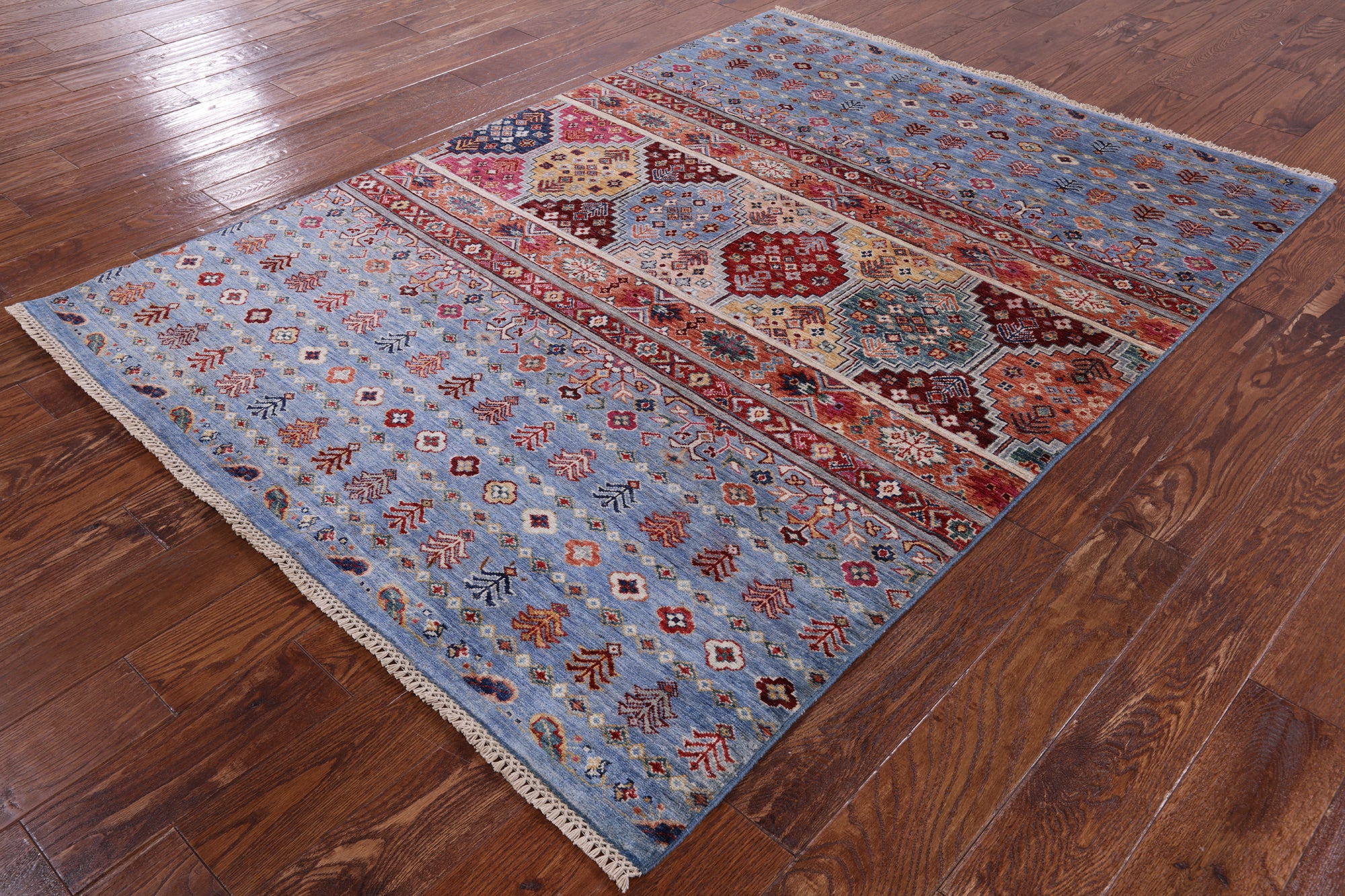 Blue Khorjin Persian Gabbeh Handmade Wool Rug - 4' 11" X 6' 9" - Golden Nile