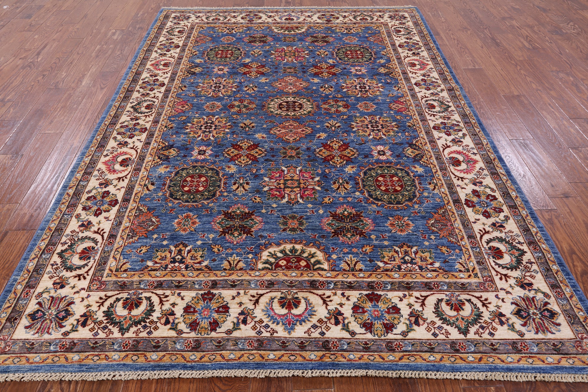 Blue Peshawar Hand Knotted Wool Rug - 6' 9" X 9' 6" - Golden Nile