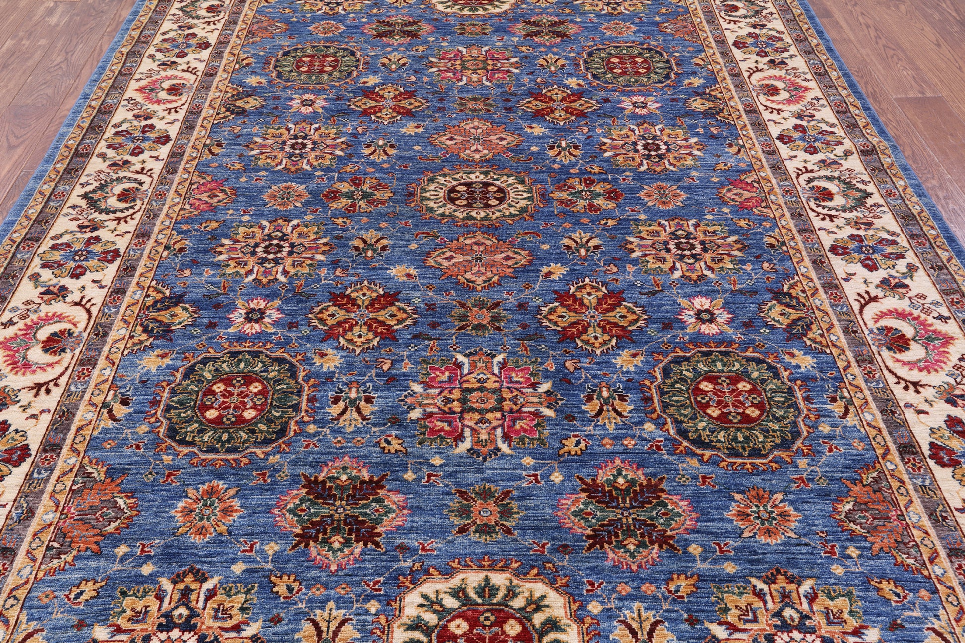 Blue Peshawar Hand Knotted Wool Rug - 6' 9" X 9' 6" - Golden Nile