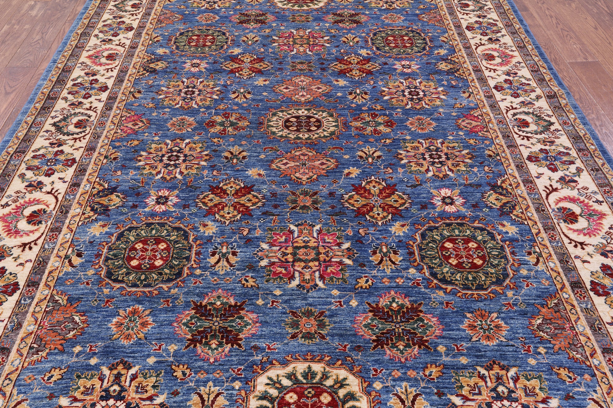 Blue Peshawar Hand Knotted Wool Rug - 6' 9" X 9' 6" - Golden Nile