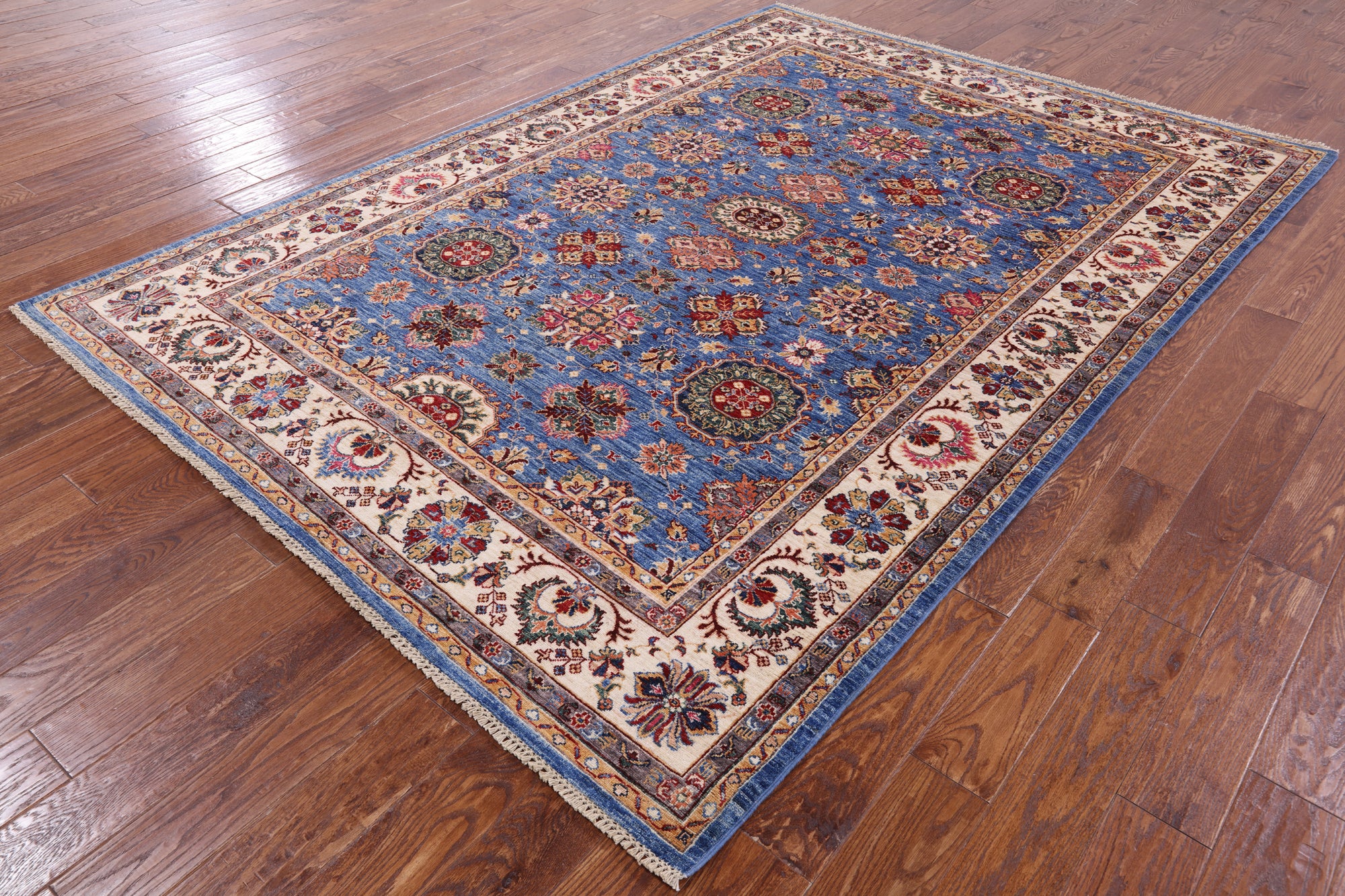 Blue Peshawar Hand Knotted Wool Rug - 6' 9" X 9' 6" - Golden Nile