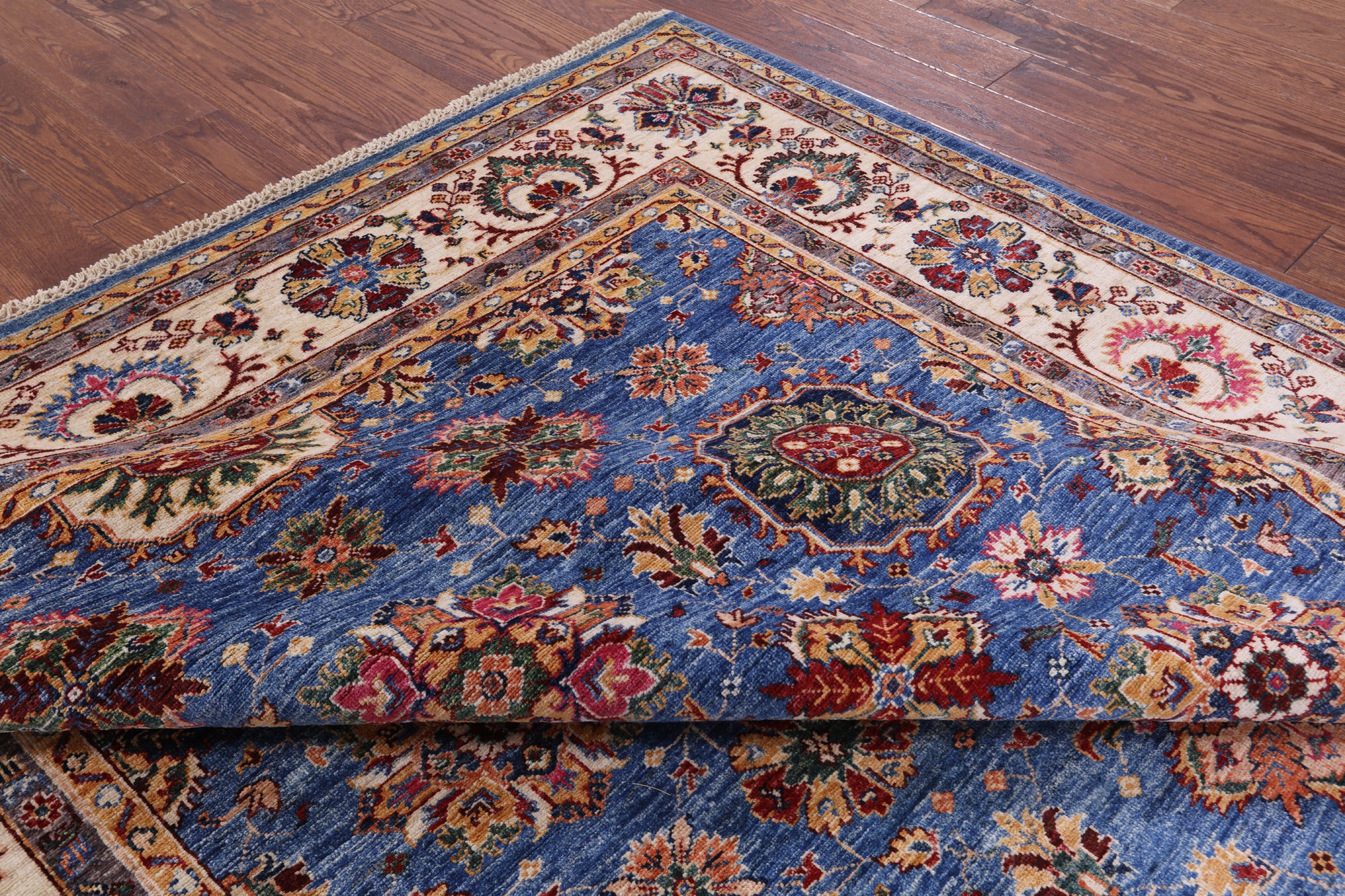 Blue Peshawar Hand Knotted Wool Rug - 6' 9" X 9' 6" - Golden Nile