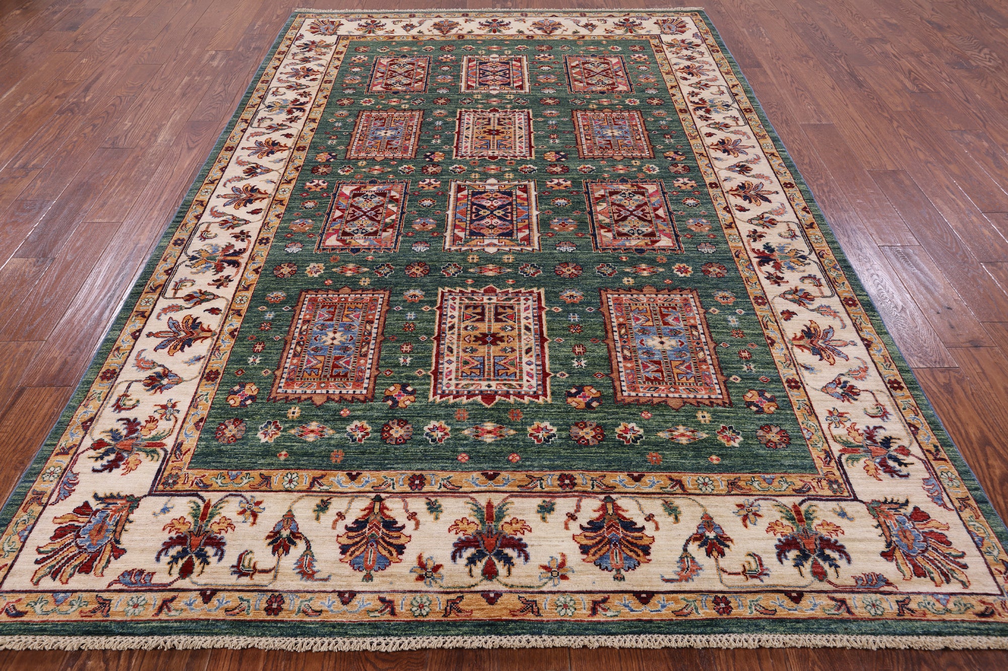 Green Super Kazak Handmade Wool Rug - 6' 8" X 9' 10" - Golden Nile