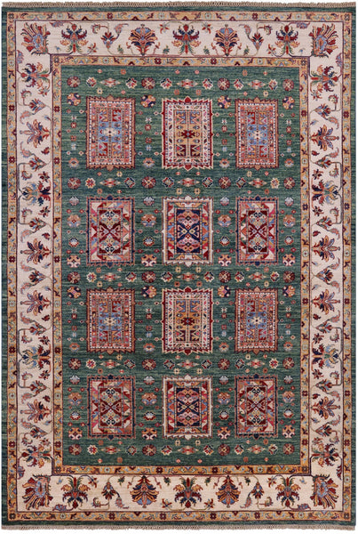 Green Super Kazak Handmade Wool Rug - 6' 8" X 9' 10" - Golden Nile