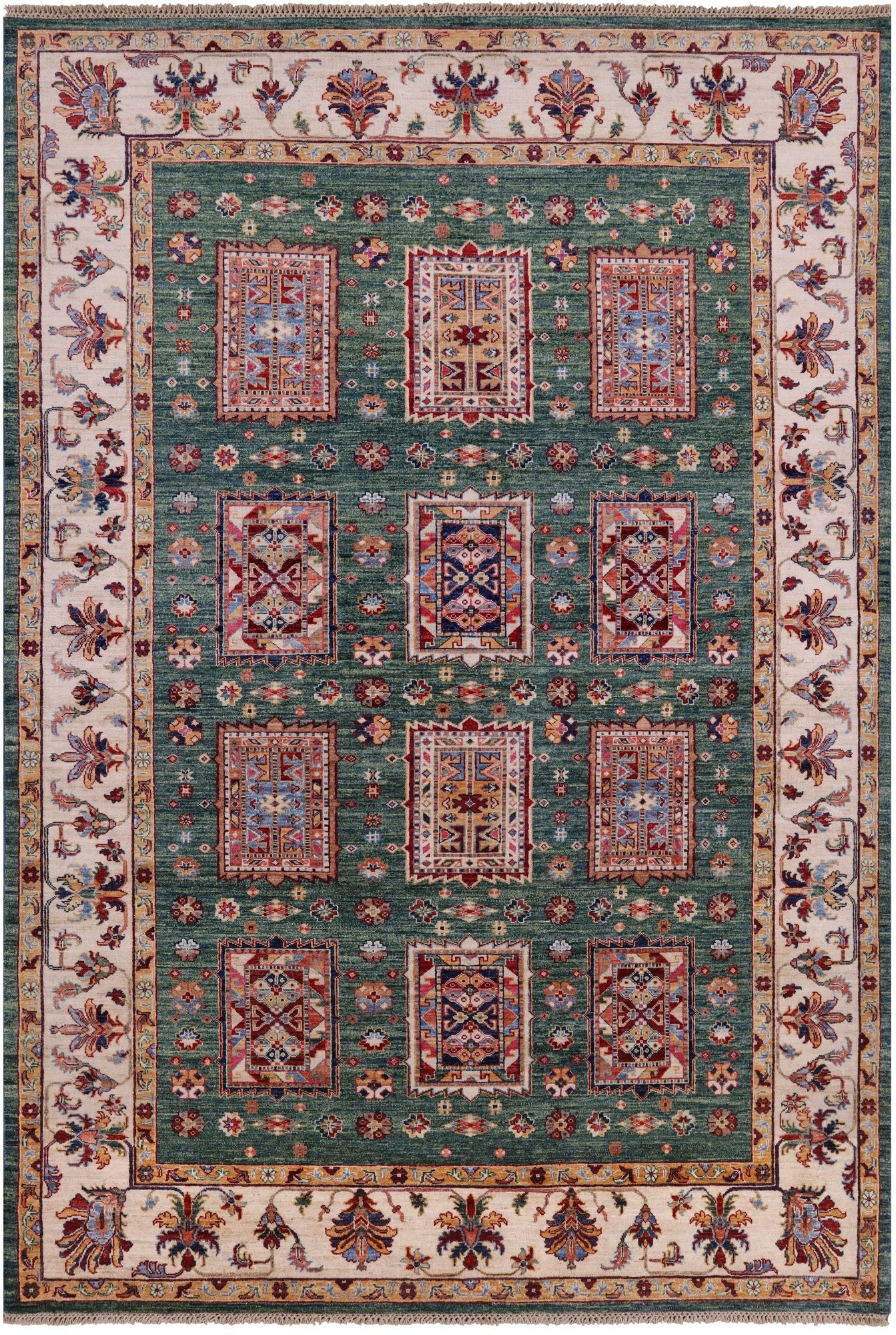 Green Super Kazak Handmade Wool Rug - 6' 8" X 9' 10" - Golden Nile