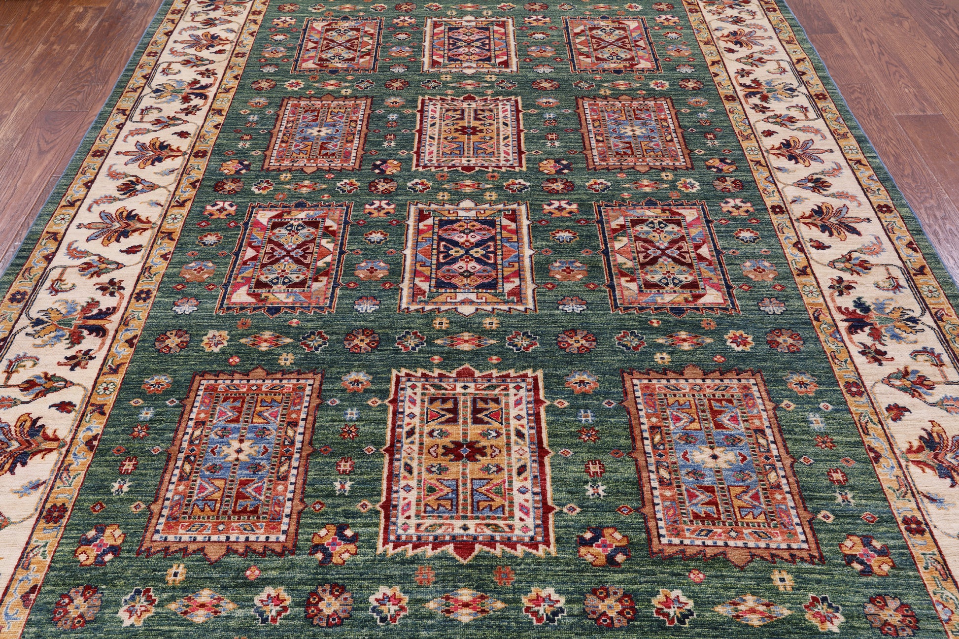 Green Super Kazak Handmade Wool Rug - 6' 8" X 9' 10" - Golden Nile