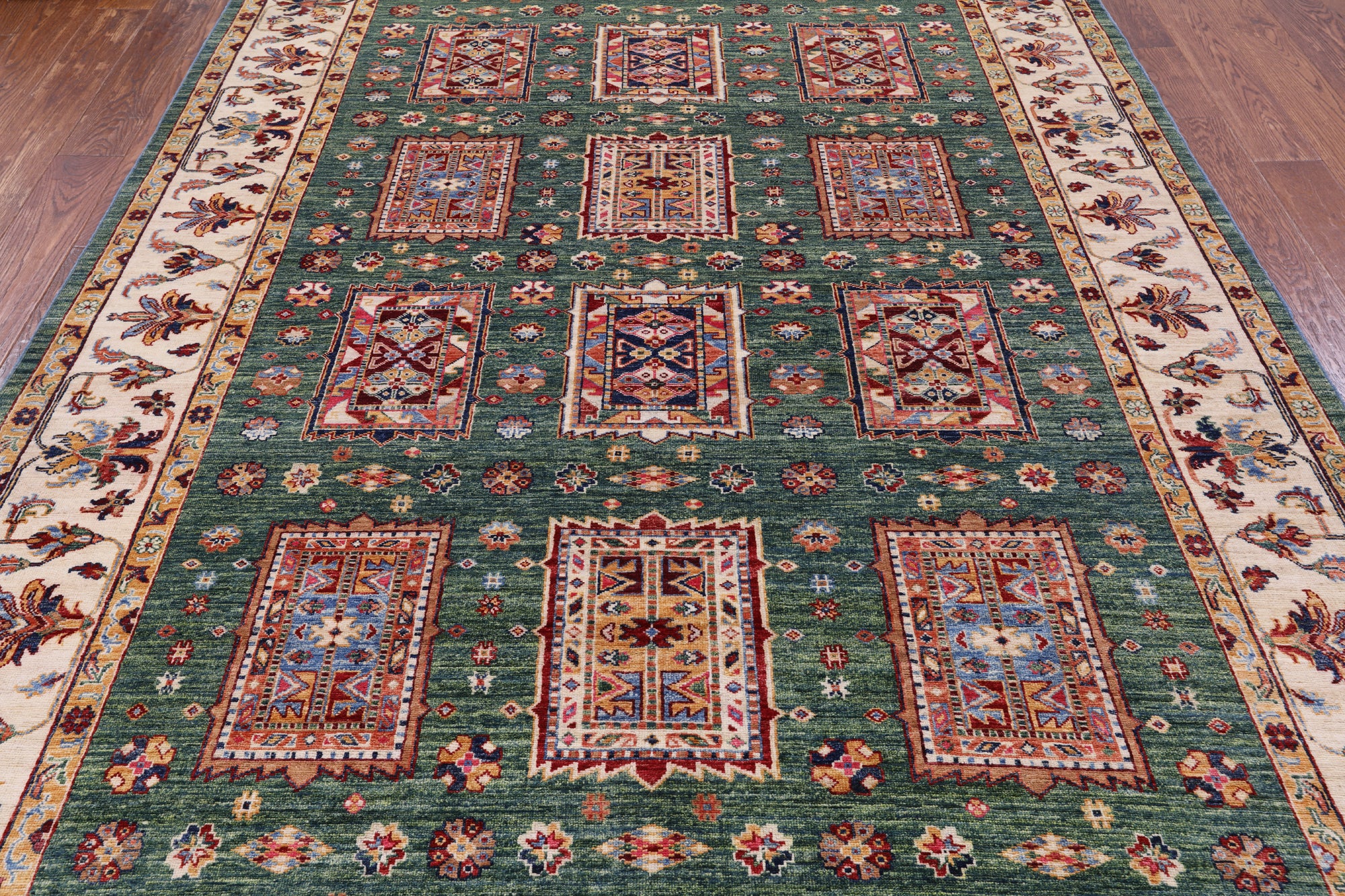 Green Super Kazak Handmade Wool Rug - 6' 8" X 9' 10" - Golden Nile