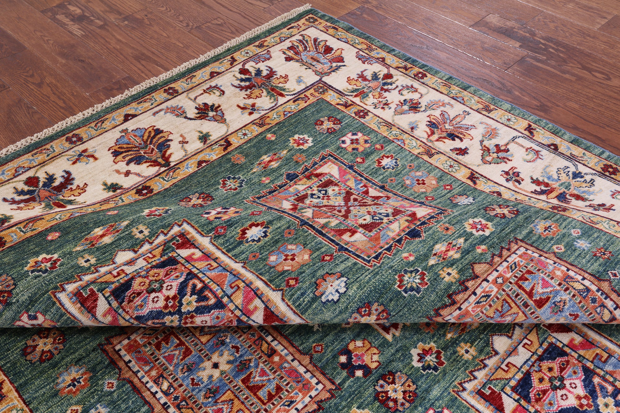 Green Super Kazak Handmade Wool Rug - 6' 8" X 9' 10" - Golden Nile