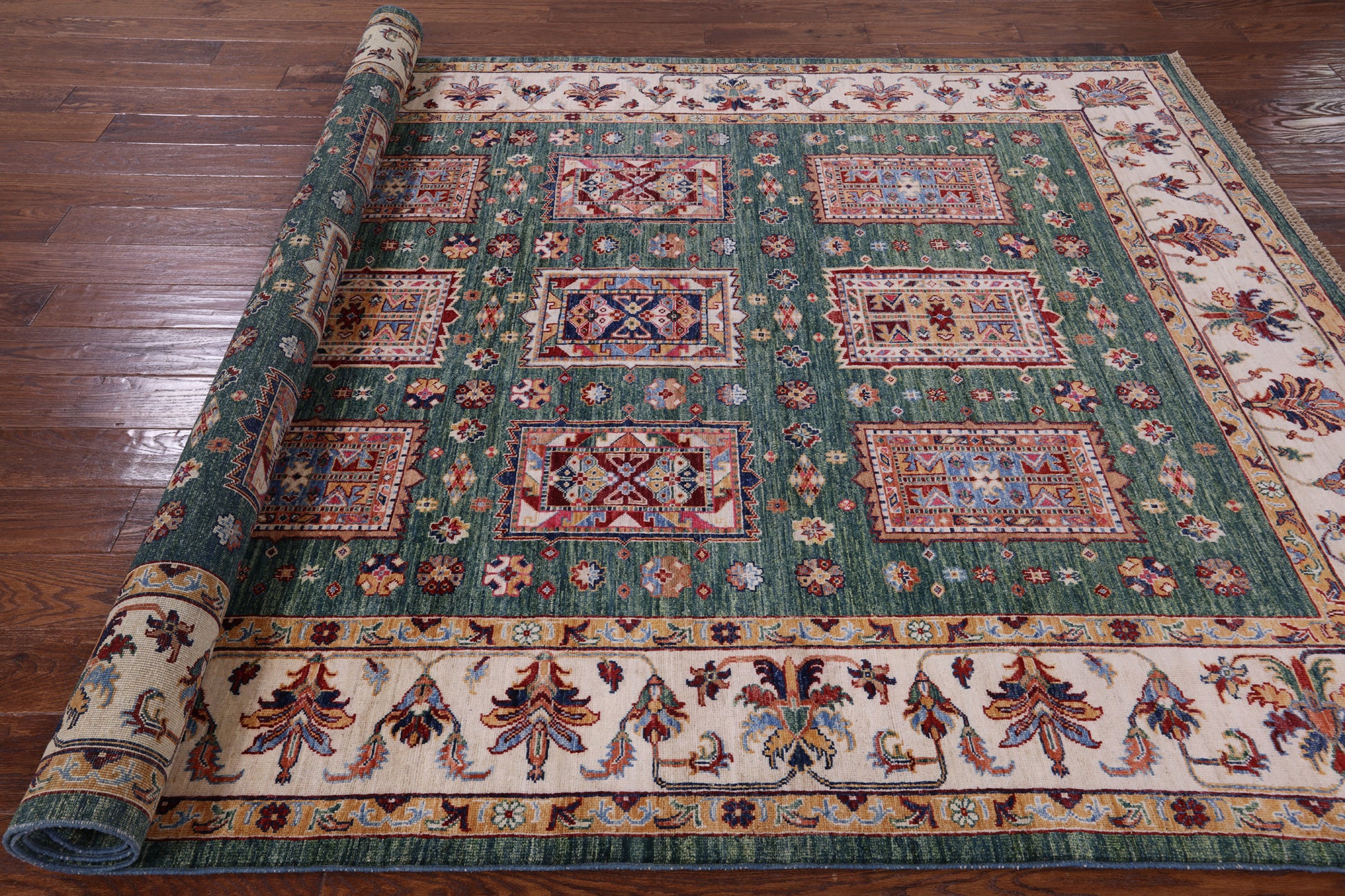 Green Super Kazak Handmade Wool Rug - 6' 8" X 9' 10" - Golden Nile