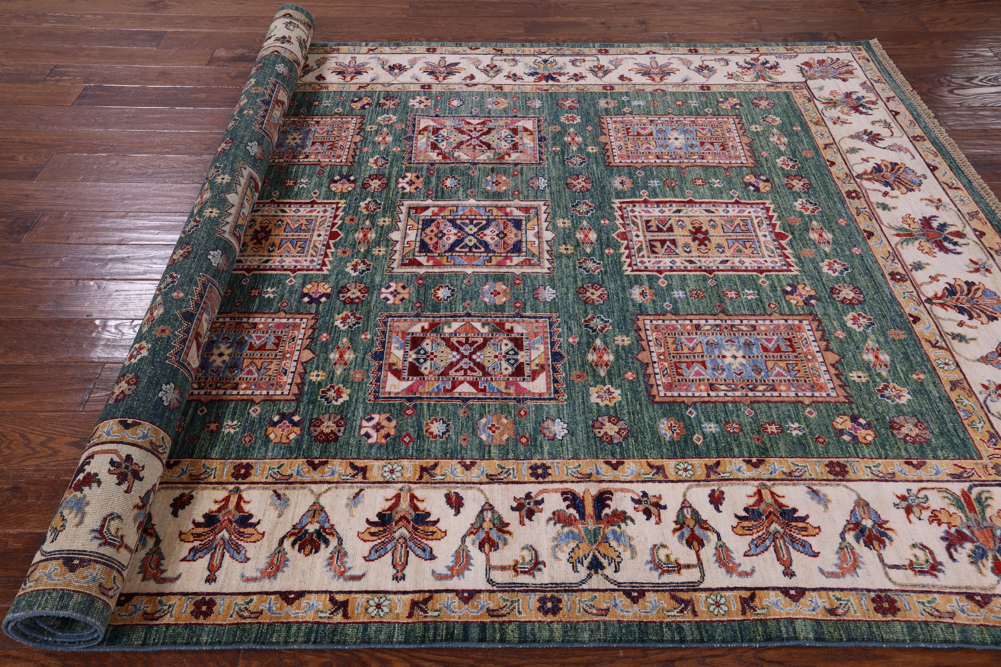 Green Super Kazak Handmade Wool Rug - 6' 8" X 9' 10" - Golden Nile