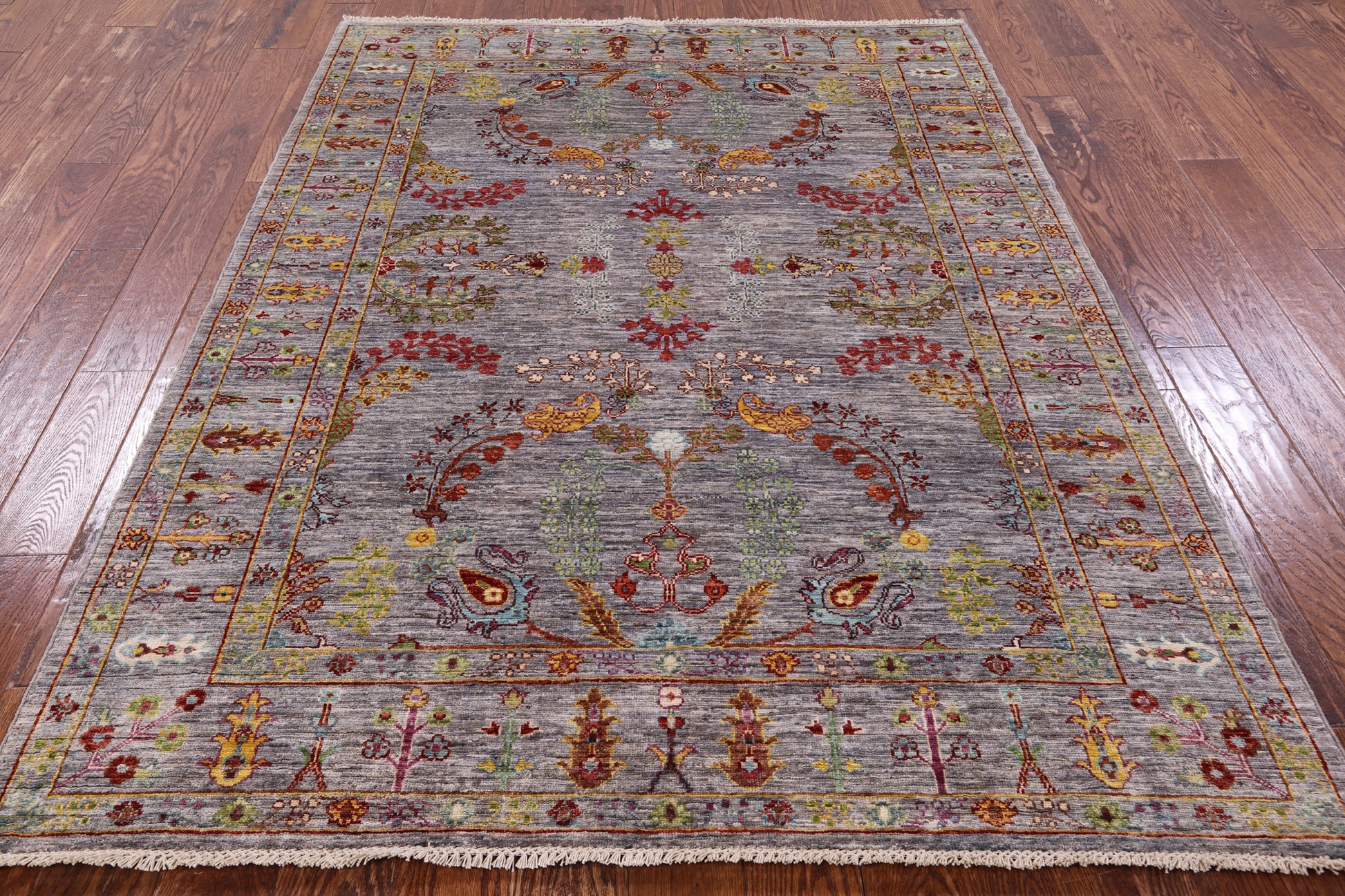 Grey Persian Sarouk Hand Knotted Wool Rug - 5' 2" X 6' 11" - Golden Nile
