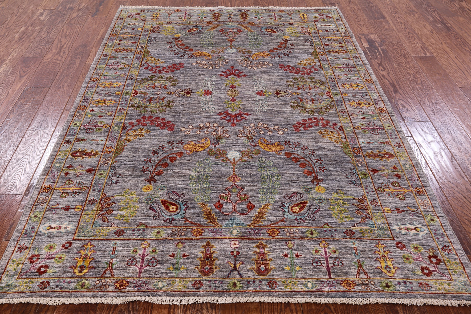Grey Persian Sarouk Hand Knotted Wool Rug - 5' 2" X 6' 11" - Golden Nile