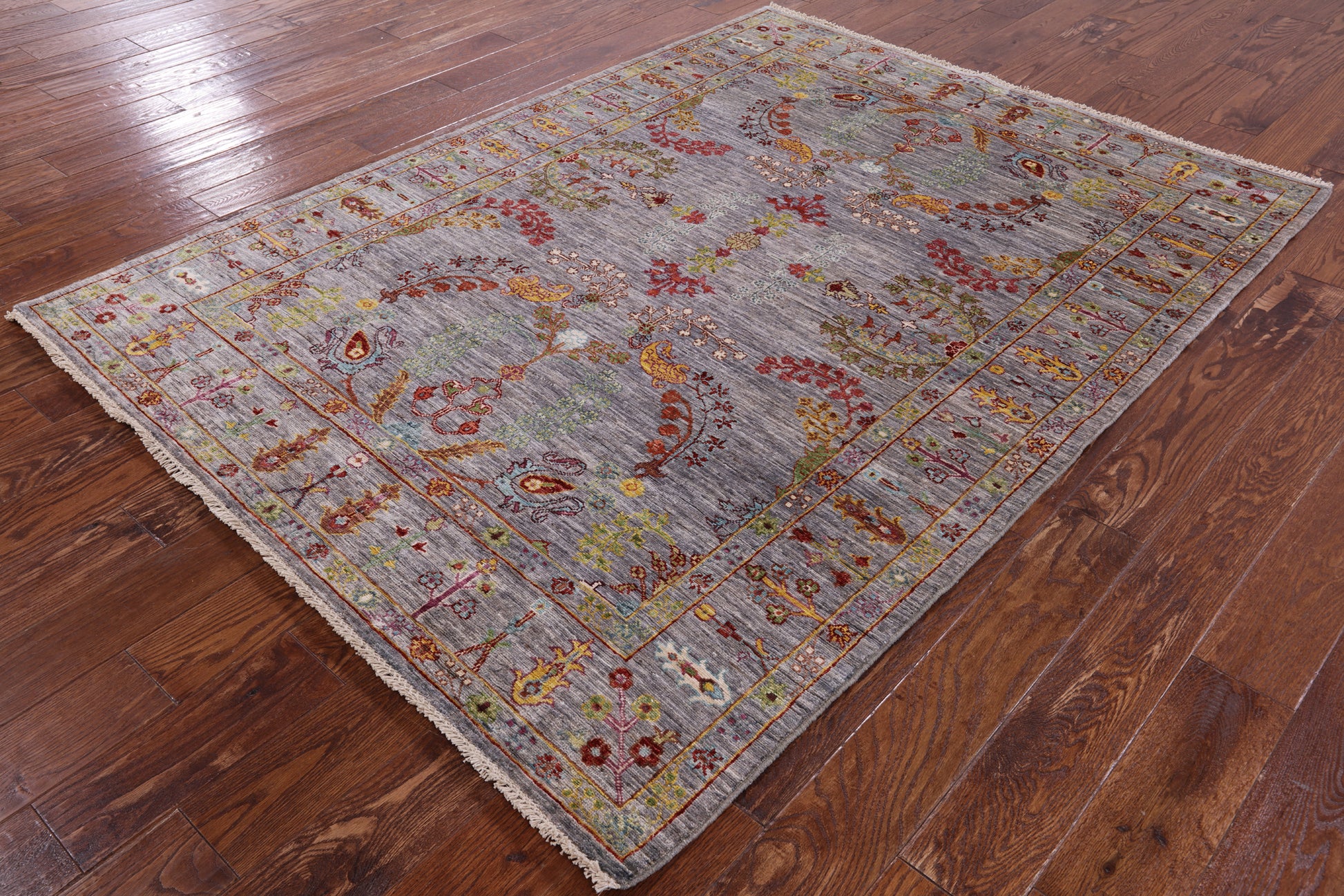 Grey Persian Sarouk Hand Knotted Wool Rug - 5' 2" X 6' 11" - Golden Nile