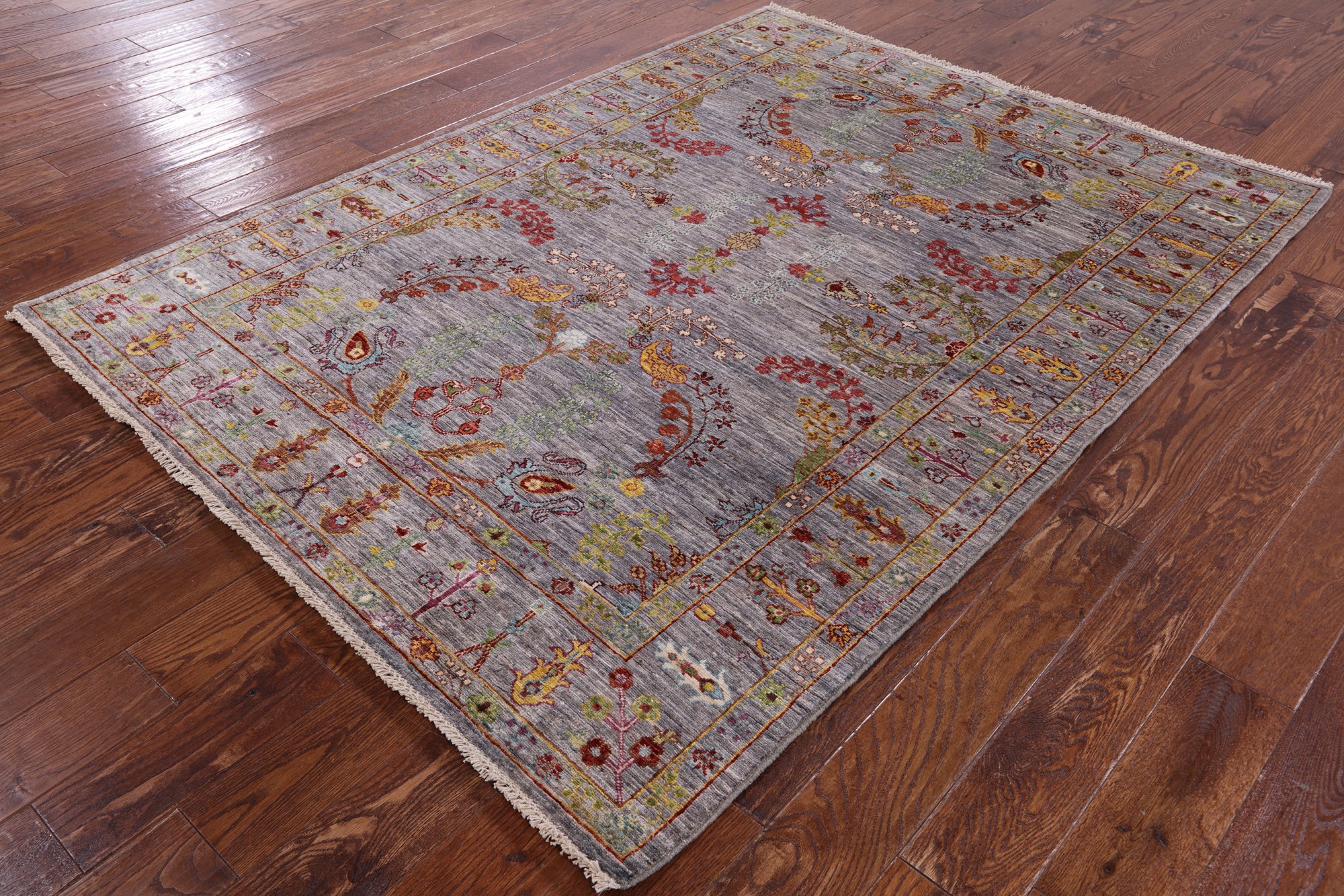 Grey Persian Sarouk Hand Knotted Wool Rug - 5' 2" X 6' 11" - Golden Nile