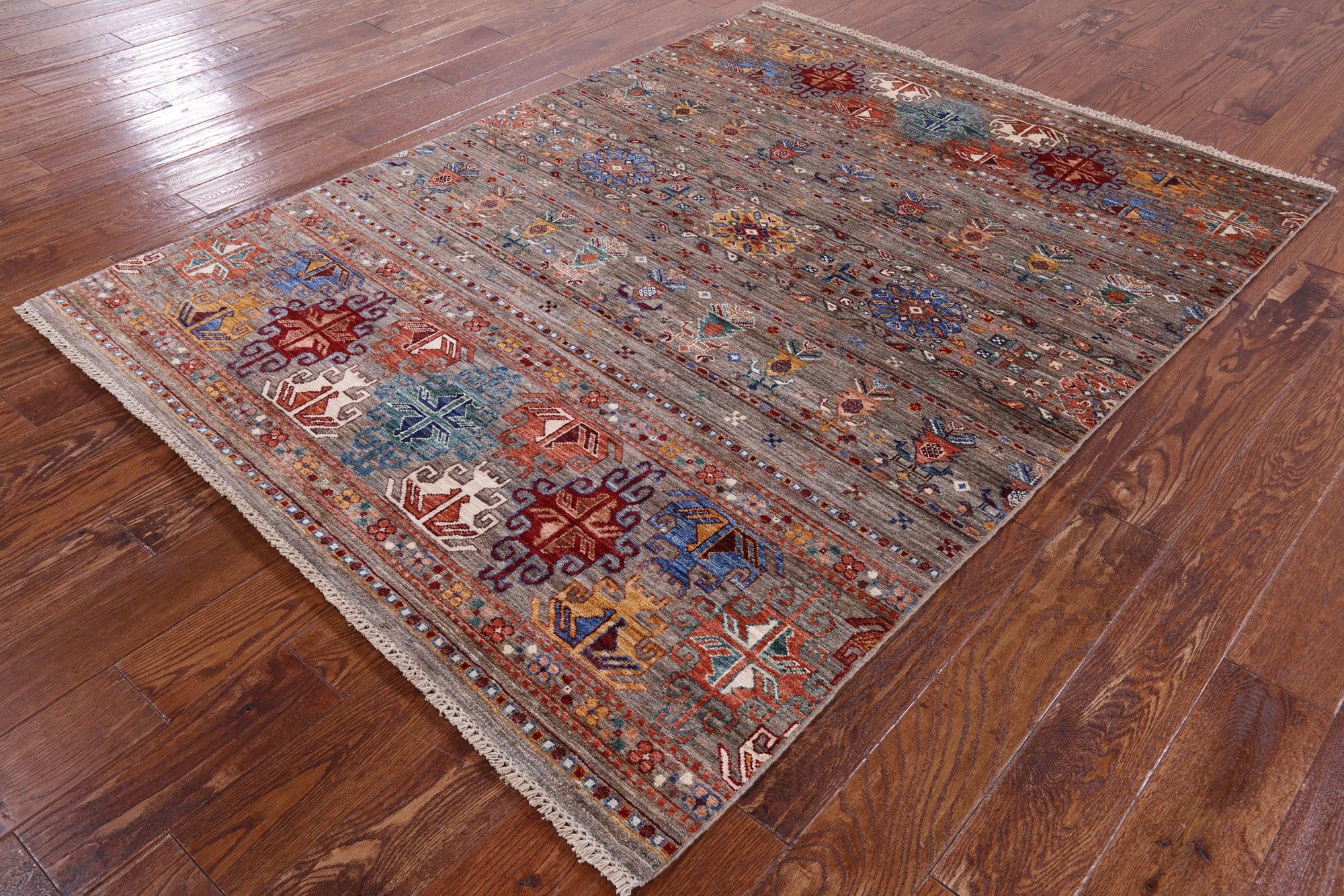 Khorjin Persian Gabbeh Hand Knotted Wool Rug - 5' 1" X 6' 7" - Golden Nile
