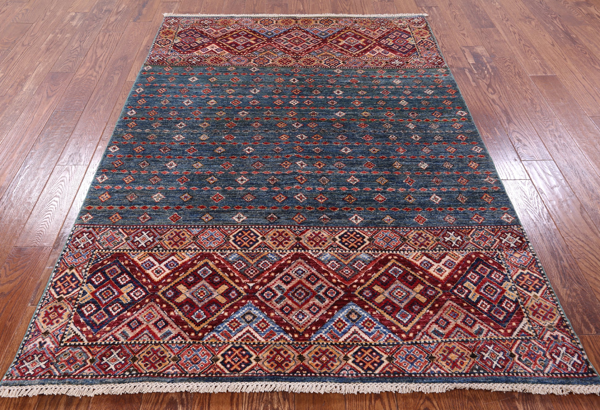 Green Khorjin Persian Gabbeh Hand Knotted Wool Rug - 4' 11" X 6' 9" - Golden Nile