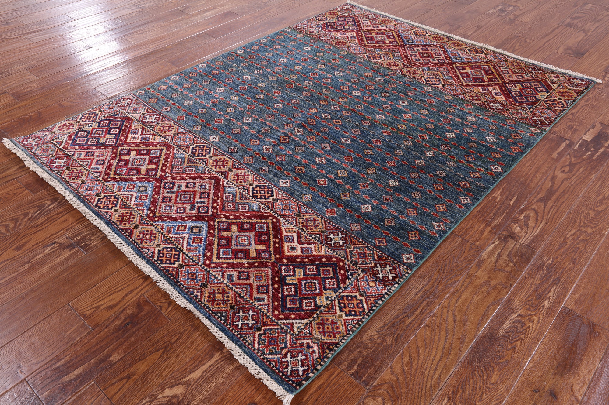 Green Khorjin Persian Gabbeh Hand Knotted Wool Rug - 4' 11" X 6' 9" - Golden Nile