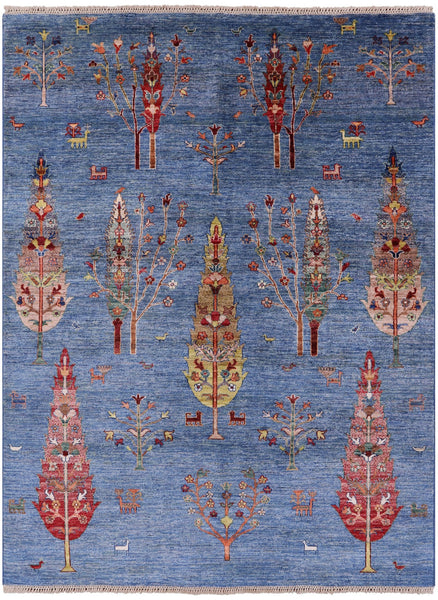 Blue Persian Tribal Gabbeh Handmade Wool Rug - 5' 8" X 7' 6" - Golden Nile