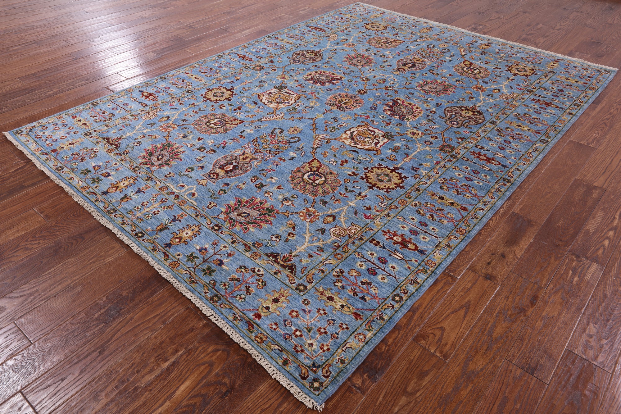 Blue Peshawar Hand Knotted Wool Rug - 7' 0" X 9' 8" - Golden Nile