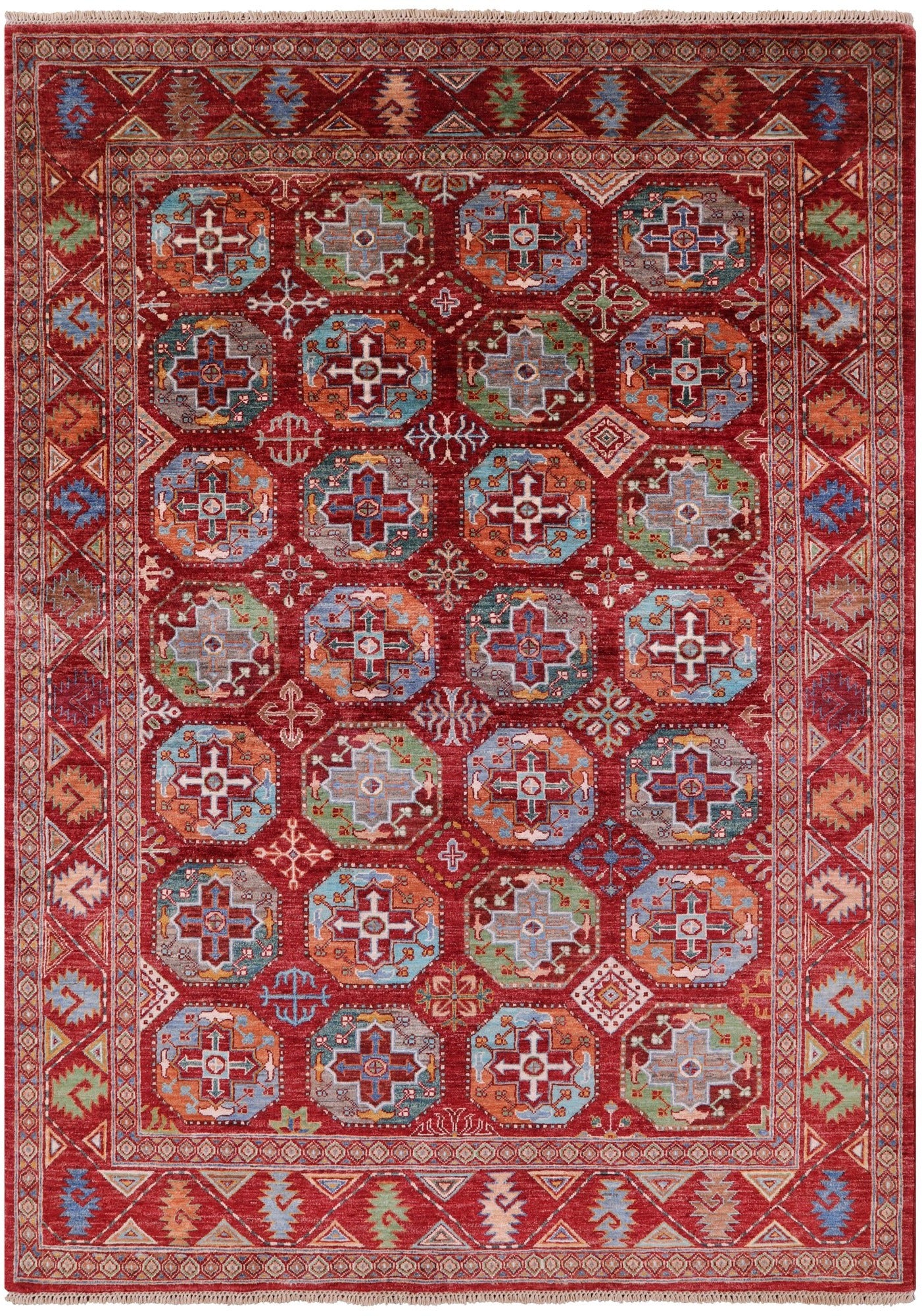 Red Turkmen Ersari Hand Knotted Wool Rug - 5' 8" X 7' 10" - Golden Nile