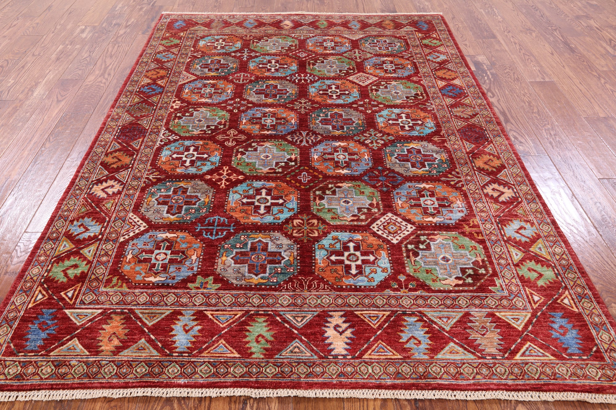 Red Turkmen Ersari Hand Knotted Wool Rug - 5' 8" X 7' 10" - Golden Nile