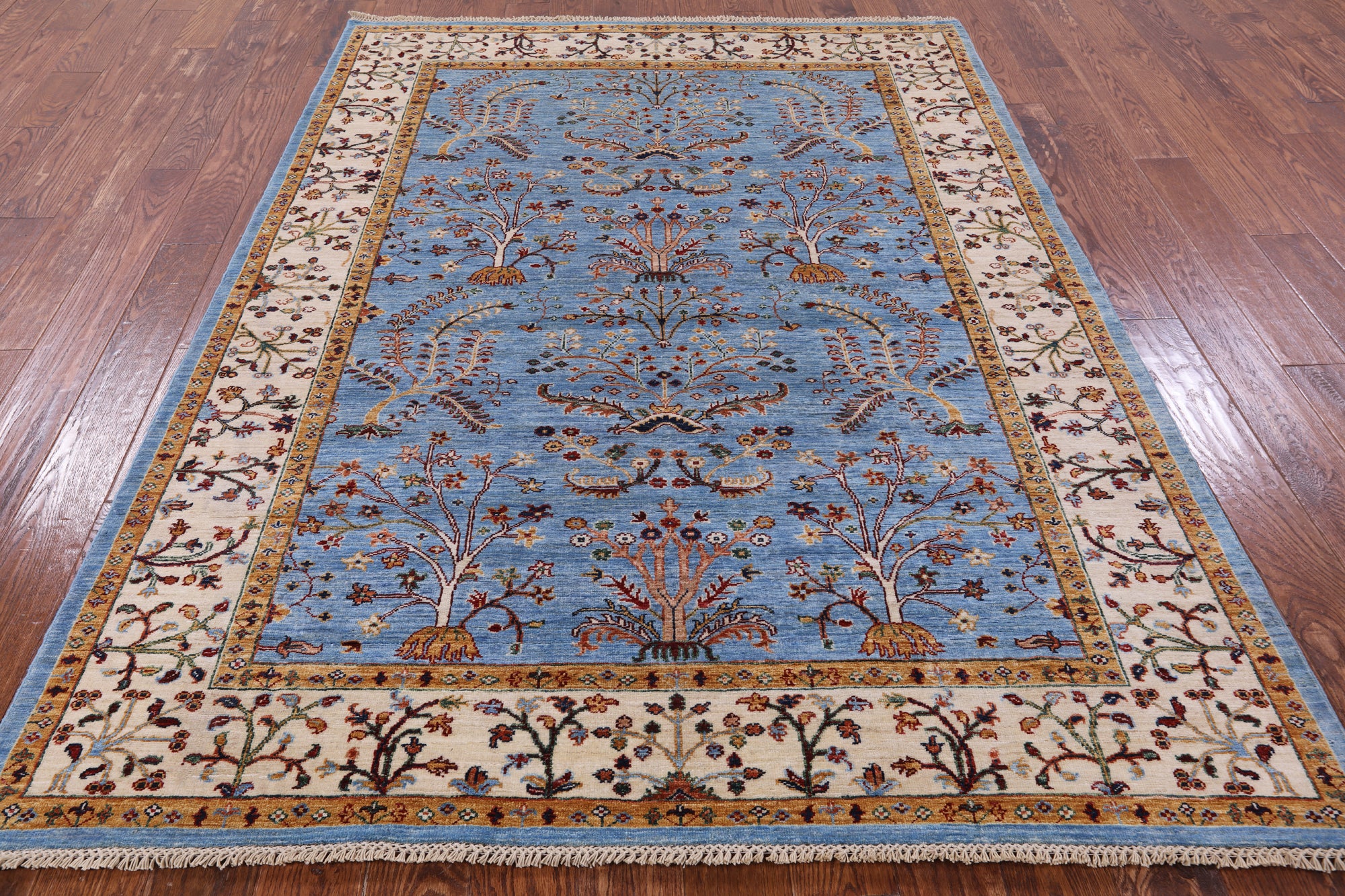 Blue Peshawar Hand Knotted Wool Rug - 5' 10" X 7' 10" - Golden Nile