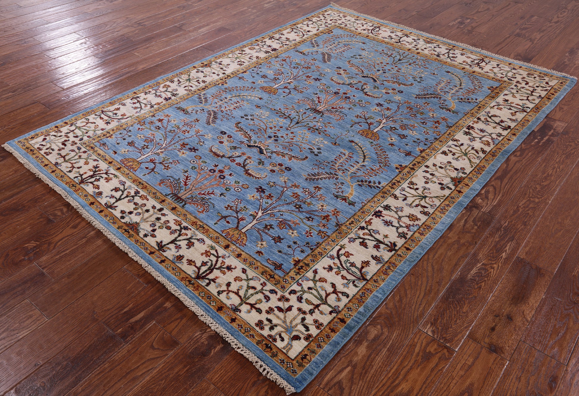 Blue Peshawar Hand Knotted Wool Rug - 5' 10" X 7' 10" - Golden Nile