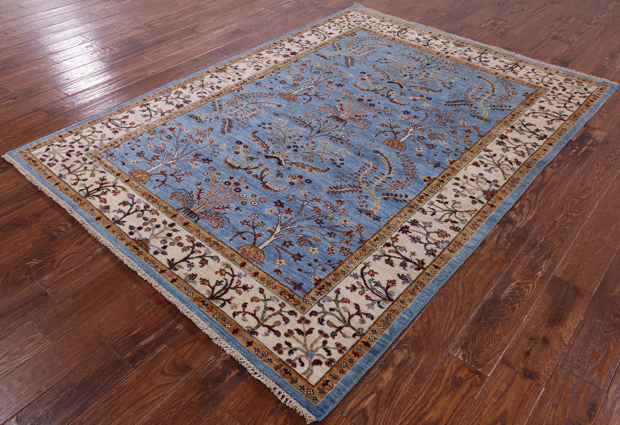 Blue Peshawar Hand Knotted Wool Rug - 5' 10" X 7' 10" - Golden Nile