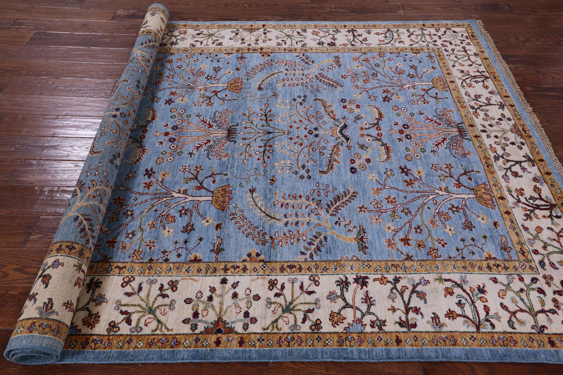 Blue Peshawar Hand Knotted Wool Rug - 5' 10" X 7' 10" - Golden Nile