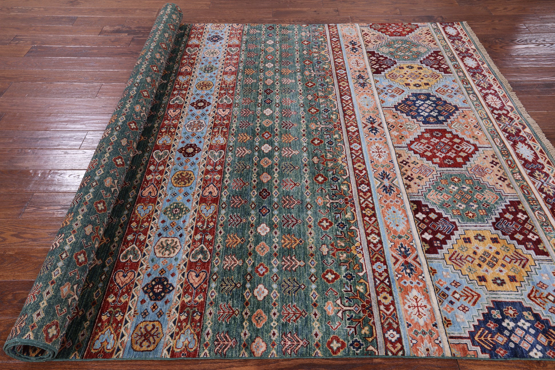 Green Khorjin Persian Gabbeh Handmade Wool Rug - 6' 10" X 9' 8" - Golden Nile
