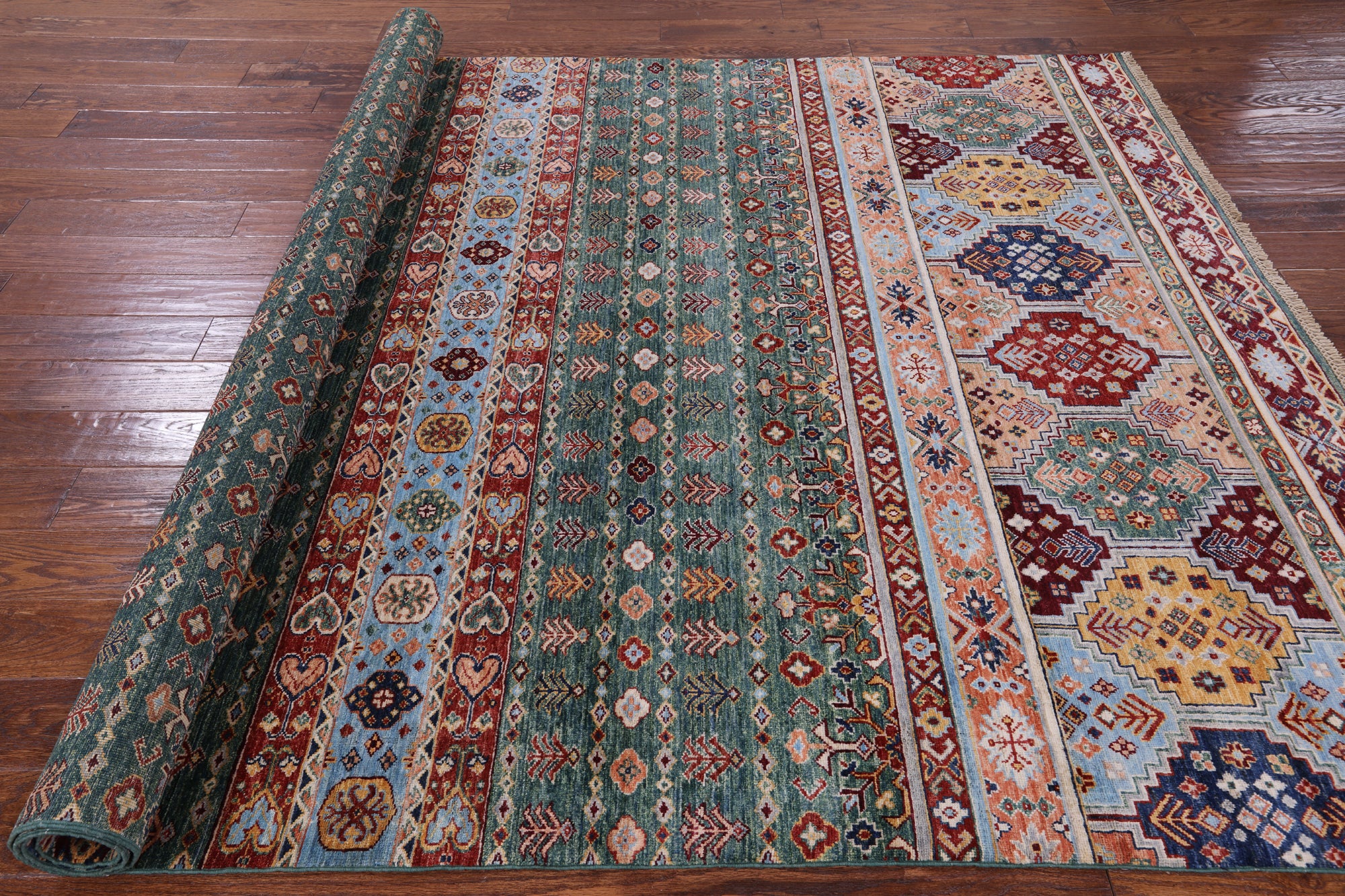 Green Khorjin Persian Gabbeh Handmade Wool Rug - 6' 10" X 9' 8" - Golden Nile