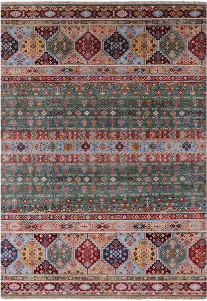 Green Khorjin Persian Gabbeh Handmade Wool Rug - 6' 10" X 9' 8" - Golden Nile