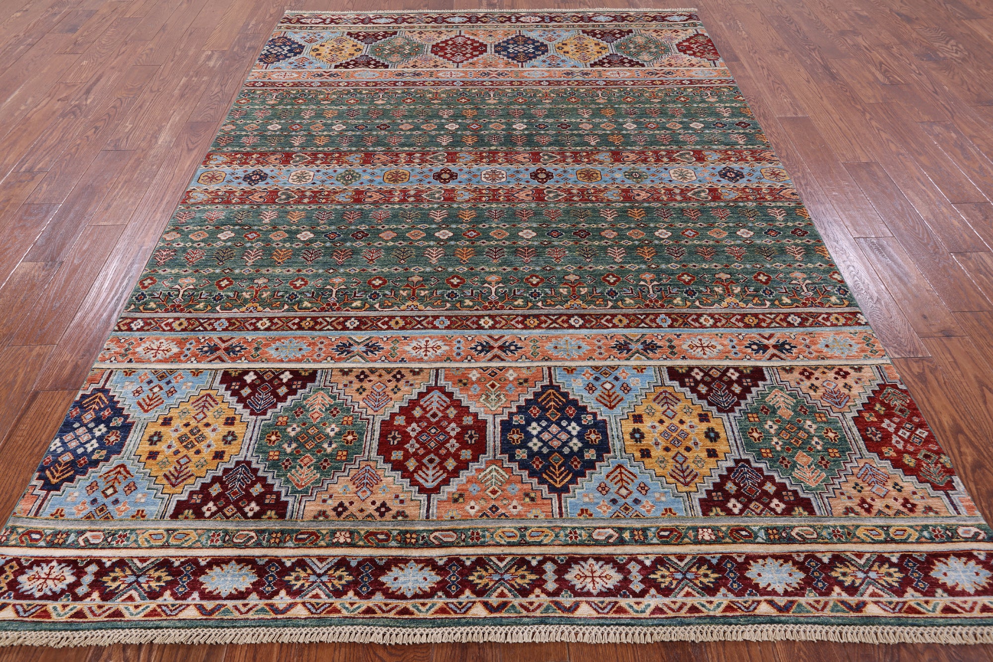 Green Khorjin Persian Gabbeh Handmade Wool Rug - 6' 10" X 9' 8" - Golden Nile