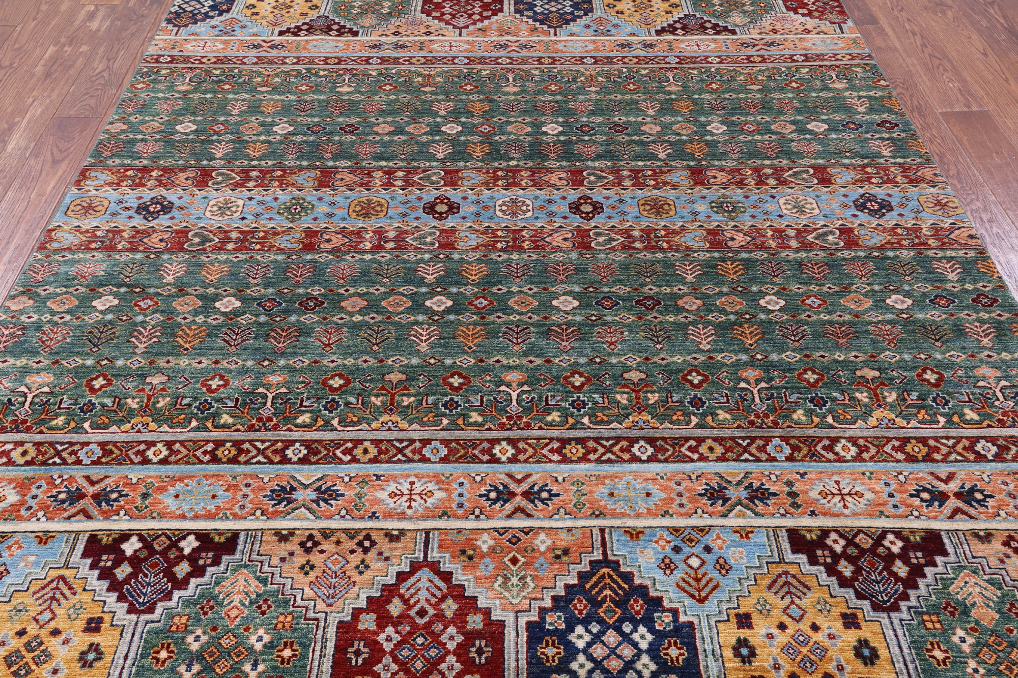 Green Khorjin Persian Gabbeh Handmade Wool Rug - 6' 10" X 9' 8" - Golden Nile