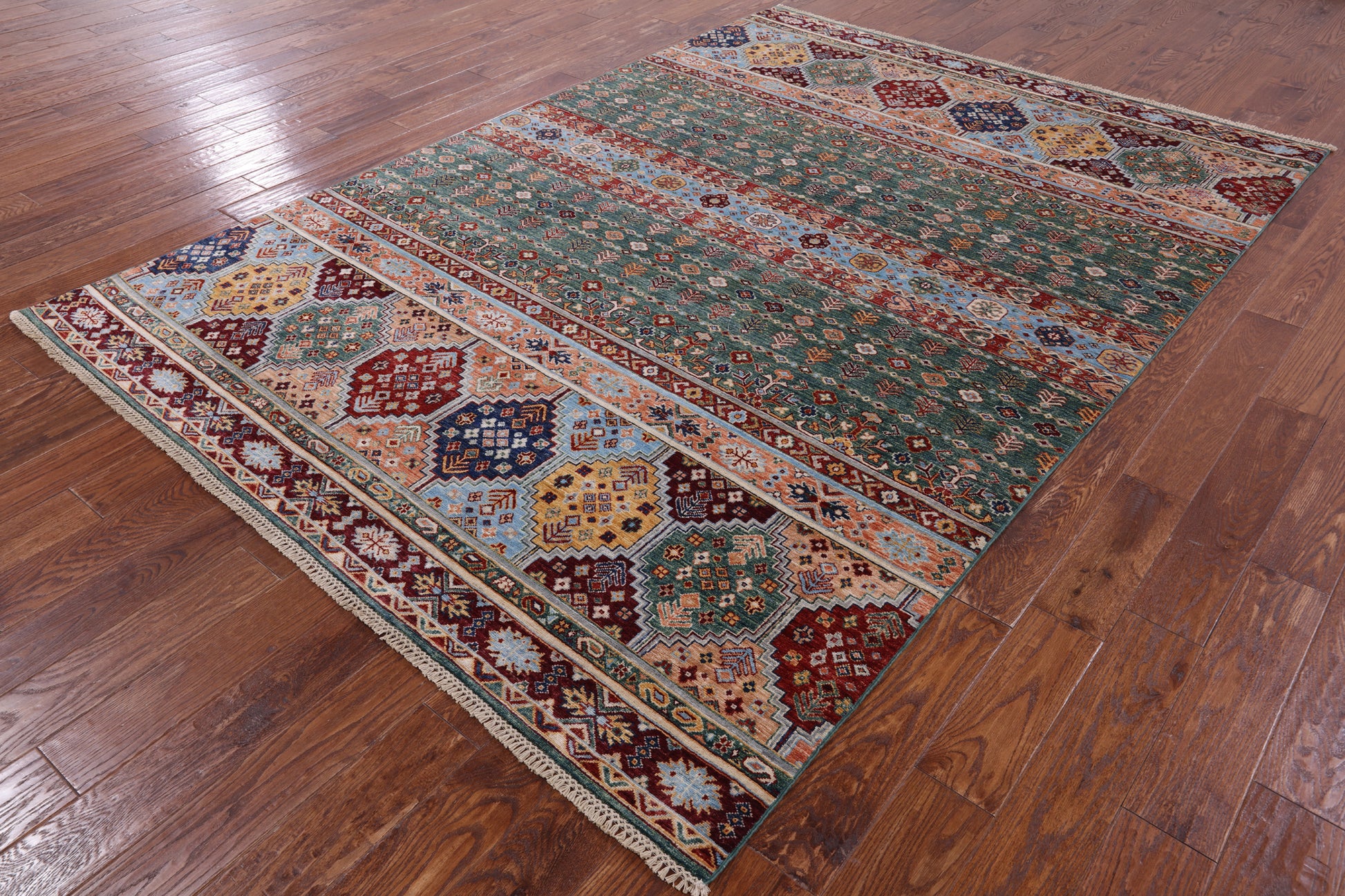 Green Khorjin Persian Gabbeh Handmade Wool Rug - 6' 10" X 9' 8" - Golden Nile