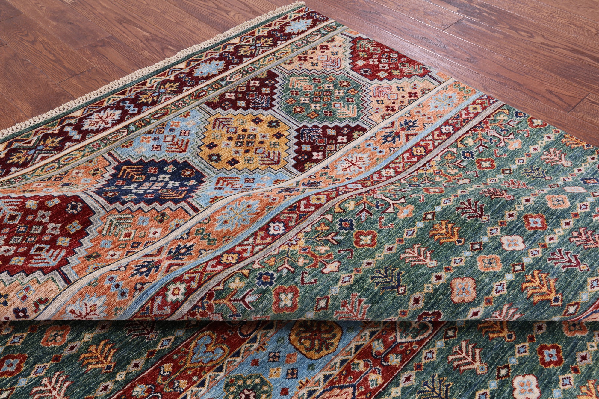 Green Khorjin Persian Gabbeh Handmade Wool Rug - 6' 10" X 9' 8" - Golden Nile